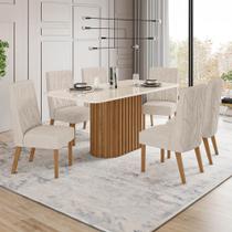 Conjunto Mesa de Jantar Solana com Vidro e 6 Cadeiras Eloá Henn - Nature/Off White/Linho