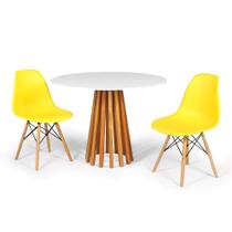 Conjunto Mesa de Jantar Talia Amadeirada Branca 100cm com 2 Cadeiras Eames Eiffel - Amarela