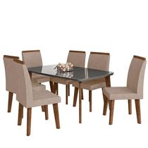 Conjunto Mesa de Jantar Tampo Vidro Com 06 Cadeiras 170x90 Jade RV Móveis Grafite/Pena Caramelo