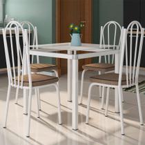Conjunto Mesa de Jantar Tubular com 4 Cadeiras Malva Tampo Vidro 75cm Branco 121 Assento Rattan - Combo Stock Conjunto Mesa de Jantar Tubular com 4 Cadeiras Malva Tampo Vidro 75cm Branco 121 Assento Rattan - Combo Stock