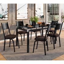 Conjunto Mesa de Jantar Tubular com 6 Cadeiras 151 Malva Tampo Vidro 140cm SF Preto Assento Tecelão Cacau - Combo Stock