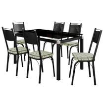 Conjunto Mesa de Jantar Tubular com 6 Cadeiras Malva Tampo Vidro 140cm SF Preto 151 Assento Cedro - Movelpolo