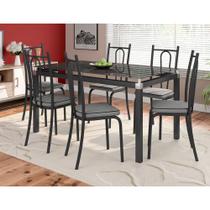 Conjunto Mesa de Jantar Tubular com 6 Cadeiras Malva Tampo Vidro 140cm SF Preto Assento Platina - Movelpolo