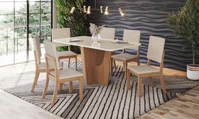 Conjunto Mesa de Jantar Vértice com Vidro e 6 Cadeiras Milla Henn - Nature/Off White/Linho