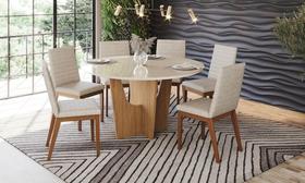 Conjunto Mesa de Jantar Vértice Redonda com Vidro e 6 Cadeiras Elena Henn - Nature/Off White/Linho Conjunto Mesa de Jantar Vértice Redonda com Vidro e 6 Cadeiras Elena Henn - Nature/Off White/Linho