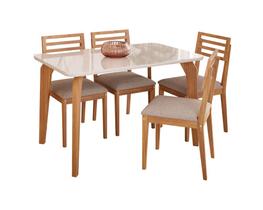 Conjunto Mesa de Jantar Vitória 130x80 Tampo Vidro Off White 4 Cadeiras Canela Madeira Estofado Linho