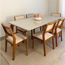 Conjunto Mesa de Jantar Vitória 160x80 Tampo Vidro 6 Cadeiras Viena Tela Sintética Madeira Maciça Cinamomo Conjunto Mesa de Jantar Vitória 160x80 Tampo Vidro 6 Cadeiras Viena Tela Sintética Madeira Maciça Cinamomo