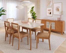 Conjunto Mesa de Jantar Vitória Madeira Maciça 160x80 Tampo Vidro 6 Cadeiras Guarapari Tela Estofado em Couro