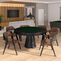 Conjunto Mesa de Jogos Carteado Bellagio Tampo Reversível e 6 Cadeiras Madeira Poker Base Cone PU Caramelo/Preto G42 - Gran Belo