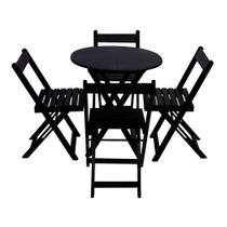 Conjunto Mesa de Madeira 70cm Redonda Dobrável com 4 Cadeiras Prática para Varanda e Gourmet - Preto