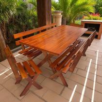 Conjunto Mesa de Madeira Maciça Rústica para Churrasco e 4 Bancos Conjunto Mesa de Madeira Maciça Rústica para Churrasco e 4 Bancos