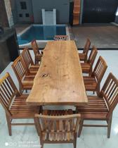 Conjunto Mesa de Tronco Borda Orgânica com Pés de Ferro e Cadeiras Rústicas 10 Lugares