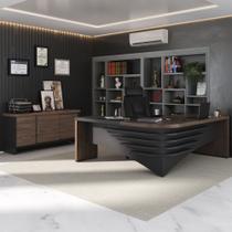 Conjunto Mesa Diretor LD e Balcão com Gavetas Cor Charuto com Preto