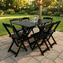 Conjunto Mesa Dobrável 120x70cm com 6 Cadeiras Madeira Maciça Preto Conjunto Mesa Dobrável 120x70cm com 6 Cadeiras Madeira Maciça Preto