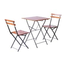 Conjunto Mesa Dobrável 60x60 cm com 2 Cadeiras Ferro e Madeira Demolição Envernizada Natural