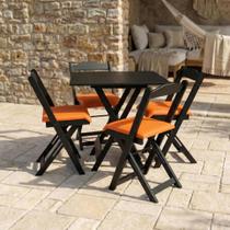 Conjunto Mesa Dobrável Área Externa 70x70cm com 4 Cadeiras Estofadas Madeira Preto/Laranja