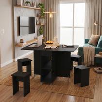 Conjunto Mesa Dobrável Jade com 4 Bancos Rodízios e Nichos para Cozinha Bar Varanda Gourmet - Preto