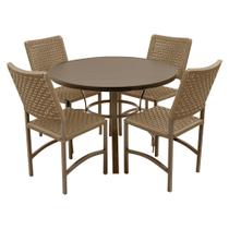Conjunto Mesa Dubai em Aluminio Ripado 1,00m com 4 Cadeiras Dubai em Aluminio e Corda Nautica Bege