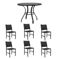 Conjunto Mesa Dubai em Aluminio Ripado 1,00m com 6 Cadeiras Dubai em Aluminio e Corda Nautica Preto