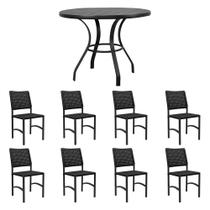Conjunto Mesa Dubai em Aluminio Ripado 1,00m com 8 Cadeiras Dubai em Aluminio e Corda Nautica Preto