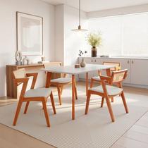 Conjunto Mesa e 4 Cadeiras Madeira Maciça, Tampo Off White, Rattan Natural e Assento Estofado Verona Conjunto Mesa e 4 Cadeiras Madeira Maciça, Tampo Off White, Rattan Natural e Assento Estofado Verona