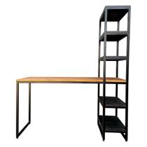 Conjunto Mesa e Estante Estilo Industrial Ferro em Preto Madeira Maciça Tonalidades Preta e Imbuia