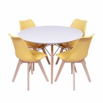 Conjunto mesa eames branca 110cm e 4 cadeiras saarinen pp amarela wood