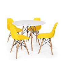 Conjunto mesa eames branca 90cm e 4 cadeiras eames pp amarela