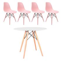 Conjunto Mesa Eames Dsw Redonda Branca 90cm com 4 Cadeiras Eames Pp Rosa Dsw Inj