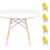 Conjunto Mesa Eames Eiffel DSW Redonda Branca 90cm + 4 Cadeiras Eames DSW - Amarela