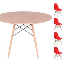 Conjunto Mesa Eames Eiffel DSW Redonda Freijó 120cm + 4 Cadeiras Eames DSW - Vermelha
