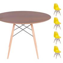 Conjunto Mesa Eames Eiffel DSW Redonda Imbuia 90cm + 4 Cadeiras Eames DSW - Amarela