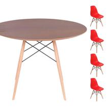 Conjunto Mesa Eames Eiffel DSW Redonda Imbuia 90cm + 4 Cadeiras Eames DSW - Vermelha - ordesign