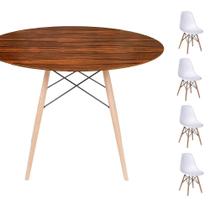 Conjunto Mesa Eames Eiffel DSW Redonda Pau Ferro 120cm + 4 Cadeiras Eames DSW - Branca