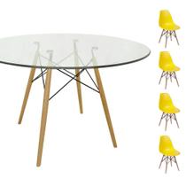 Conjunto Mesa Eames Eiffel Redonda Vidro 90cm + 4 Cadeiras Eames DSW - Amarela