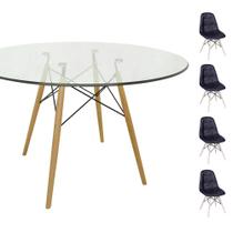 Conjunto Mesa Eames Eiffel Redonda Vidro 90cm + 4 Cadeiras Eames DSW Botonê - Preta