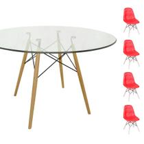 Conjunto Mesa Eames Eiffel Redonda Vidro 90cm + 4 Cadeiras Eames DSW Botonê - Vermelha Conjunto Mesa Eames Eiffel Redonda Vidro 90cm + 4 Cadeiras Eames DSW Botonê - Vermelha