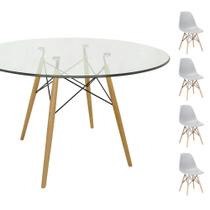 Conjunto Mesa Eames Eiffel Redonda Vidro 90cm + 4 Cadeiras Eames DSW - Cinza