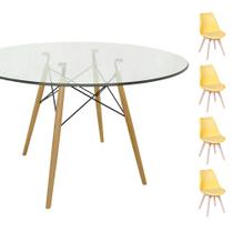 Conjunto Mesa Eames Eiffel Redonda Vidro 90cm + 4 Cadeiras Saarinen Wood - Amarela