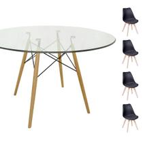 Conjunto Mesa Eames Eiffel Redonda Vidro 90cm + 4 Cadeiras Saarinen Wood - Preta
