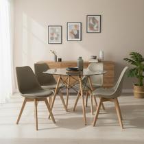 Conjunto Mesa Eames Vidro 90cm Redonda e 4 Cadeiras Saarinen Wood Estofadas para Sala de Jantar e Eventos