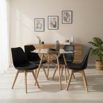 Conjunto Mesa Eames Vidro 90cm Redonda e 4 Cadeiras Saarinen Wood Estofadas para Sala de Jantar e Eventos Conjunto Mesa Eames Vidro 90cm Redonda e 4 Cadeiras Saarinen Wood Estofadas para Sala de Jantar e Eventos