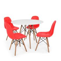 Conjunto Mesa Eiffel Branca 120cm + 4 Cadeiras Dkr Charles Eames Wood Estofada Botonê - Vermelha