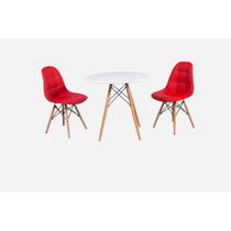 Conjunto Mesa Eiffel Branca 80cm + 2 Cadeiras Dkr Charles Eames Wood Estofada Botonê - Vermelha
