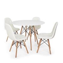 Conjunto Mesa Eiffel Branca 80cm + 4 Cadeiras Dkr Charles Eames Wood Estofada Botonê Branca