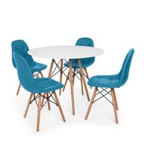 Conjunto Mesa Eiffel Branca 90cm + 4 Cadeiras Dkr Charles Eames Wood Estofada Botonê - Turquesa