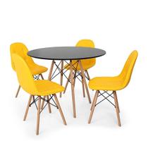 Conjunto Mesa Eiffel Preta 80cm + 4 Cadeiras Dkr Charles Eames Wood Estofada Botonê Amarela