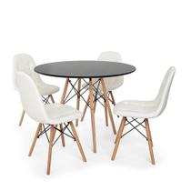 Conjunto Mesa Eiffel Preta 80cm + 4 Cadeiras Dkr Charles Eames Wood Estofada Botonê Branca