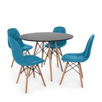 Conjunto Mesa Eiffel Preta 80cm + 4 Cadeiras Dkr Charles Eames Wood Estofada Botonê - Turquesa