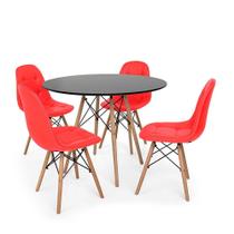 Conjunto Mesa Eiffel Preta 80cm + 4 Cadeiras Dkr Charles Eames Wood Estofada Botonê Vermelha